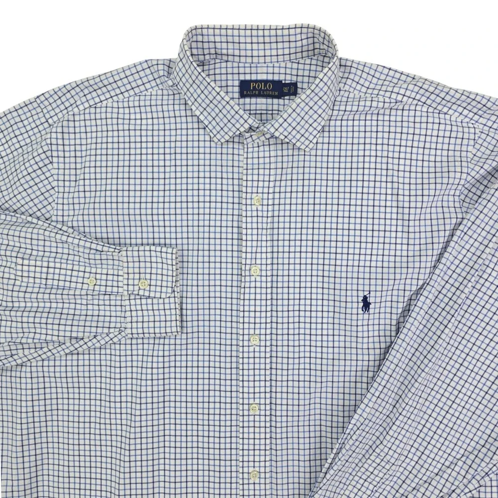 Polo Ralph Lauren Check Button Down Shirt Mens 2XLT Blue White Cotton Tall Pony